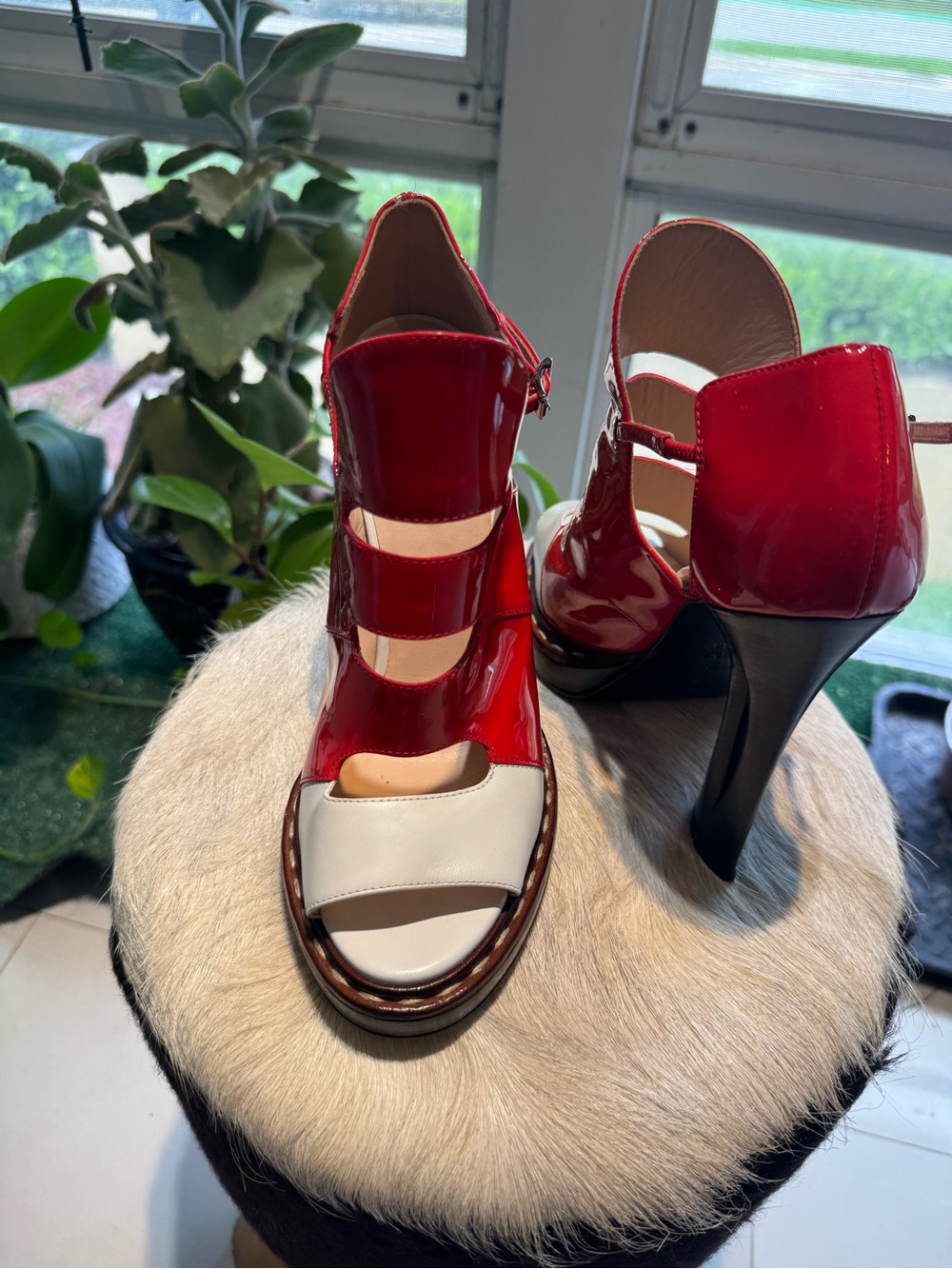 Fendi Red & White Patent Leather Platform Sandals Size 38